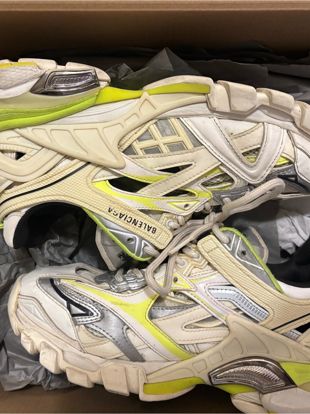 Balenciaga White & Neon Yellow Track Sneakers